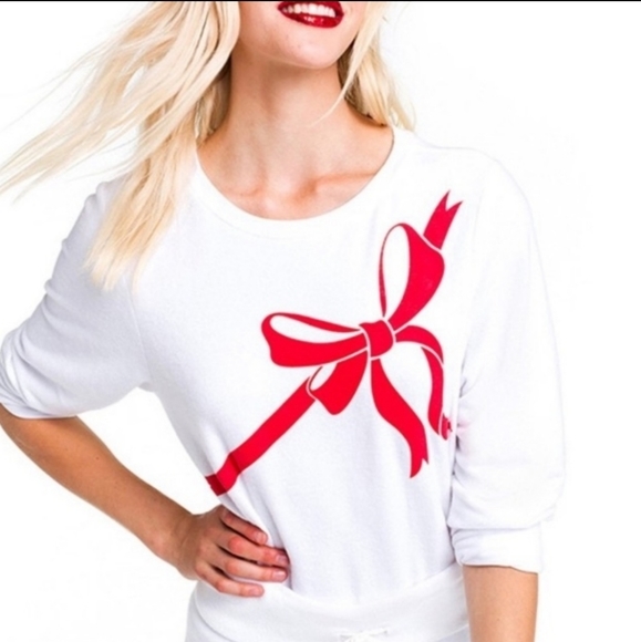 WILDFOX White French Terry Red Ribbon Present Wrap Bow BBJ Jumper Pullover Top - Picture 5 of 12